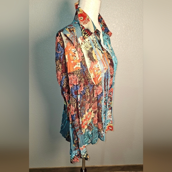 Vintage Claudia Richards Colorful Comic Print Shirt with flowy ribbons Size Lg - Picture 3 of 10